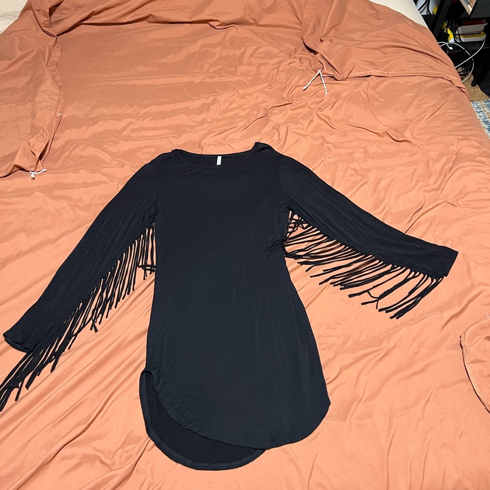 Black tunic style dress with fringe sleeves